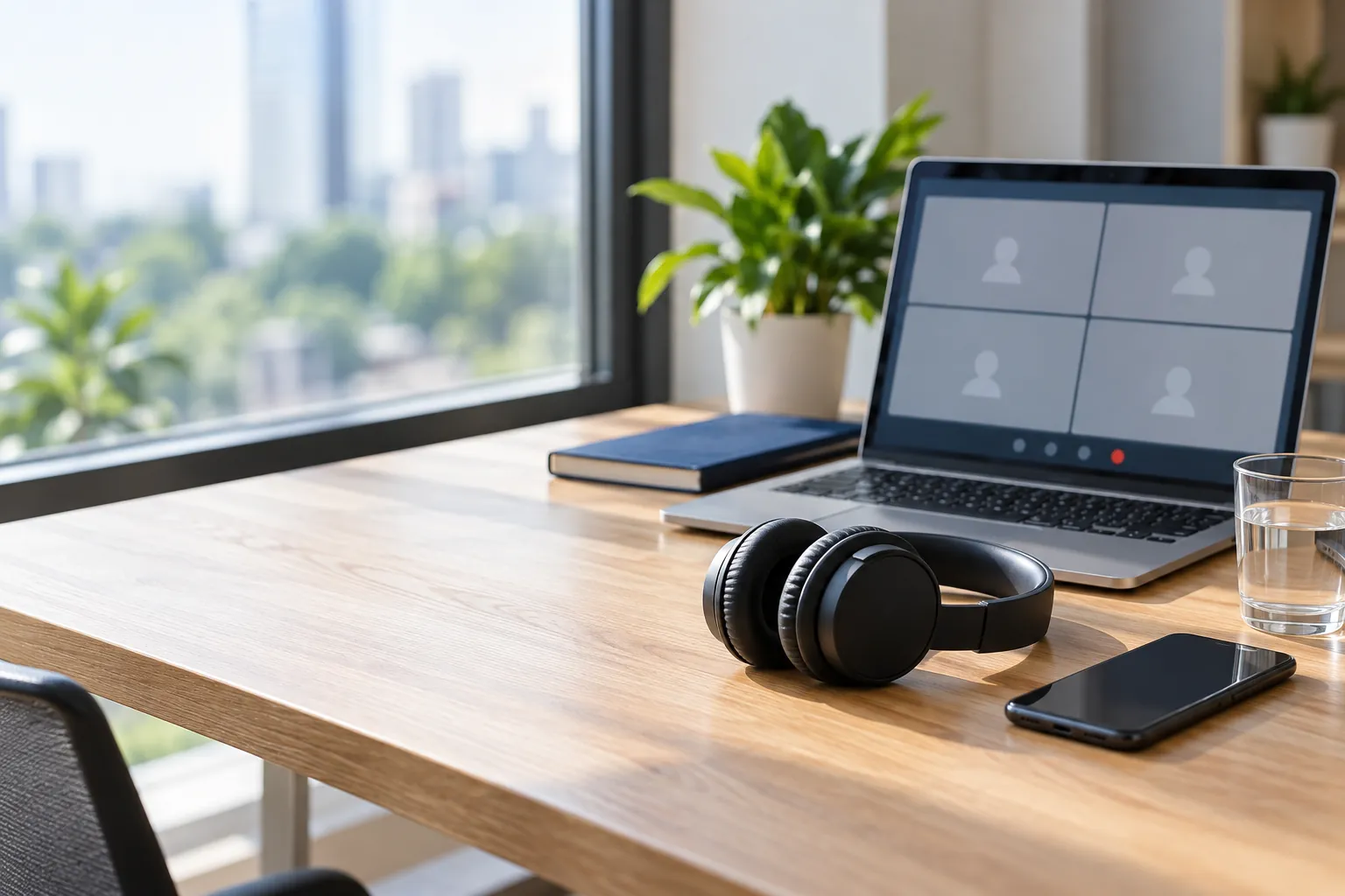 Laptop mở cuộc họp trực tuyến cạnh tai nghe, điện thoại và cốc nước trên bàn gần cửa sổ