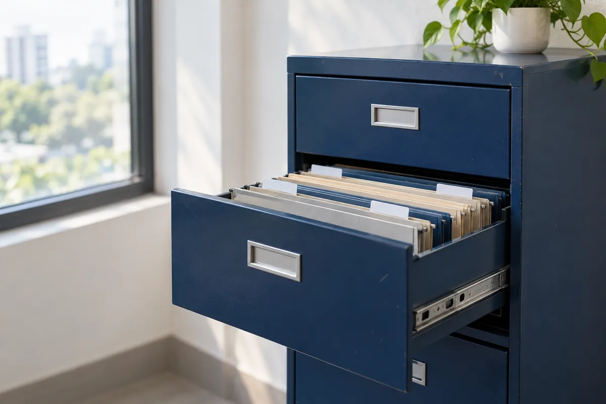 Navy metal filing cabinet with an open drawer of hanging folders