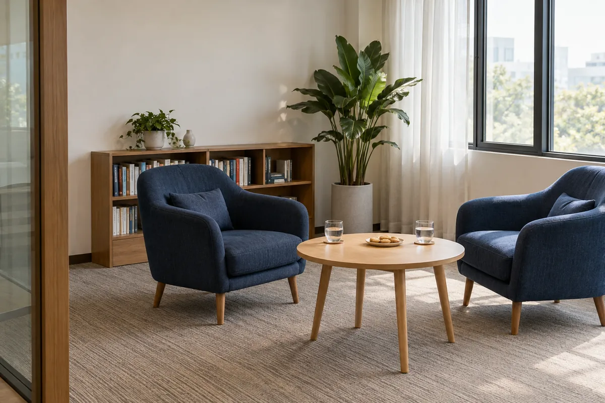 Seating corner with two navy armchairs and a round wooden coffee table